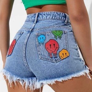 Cartoon Face Ripped Denim Shorts
